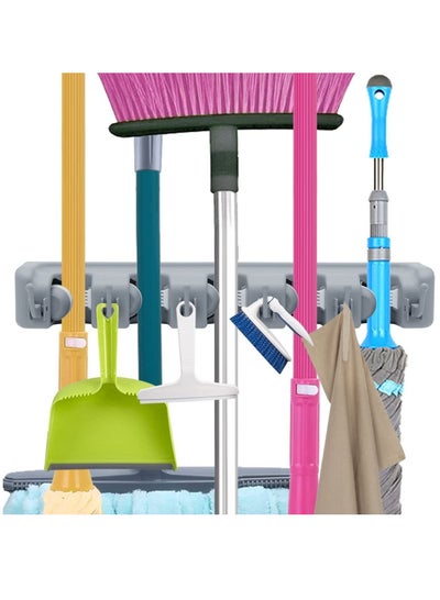 Buy Mop Broom Holder Garden Tools Wall Mounted Commercial Organizer Saving Space Storage Rack For Kitchen And Garage Laundry Offices-5 Position With 6 Hooks in UAE