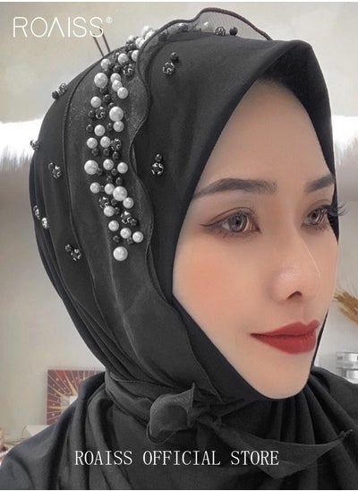 Buy Women's Chiffon Hijab Muslim Casual Scarf Floral Pearl Turban for Ladies Beading Decoration Versatile All Seasons Wearable Traditional Wear Hijab Ramadan and Eid al-Adha Gifts in UAE