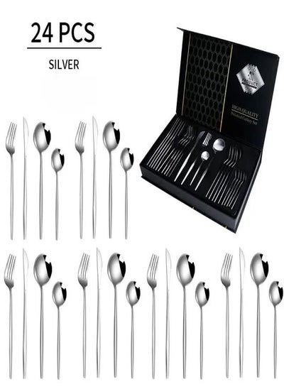 اشتري Cutlery Set, 24 Pieces Silver Set, Stainless Steel Cutlery, Western Set Including Knife/fork/spoon, Suitable for Family Travel في السعودية