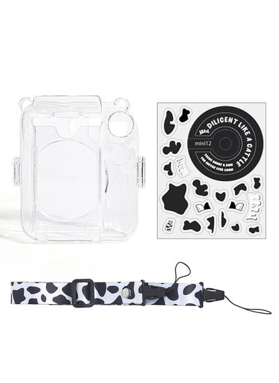 Buy Crystal Clear Camera Case For Fujifilm Mini 12 Instant Camera Hard PC Cover with Adjustable Strap and Pocket & Decorative sticker - Cow Pattern in UAE