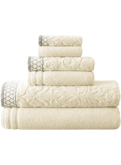 اشتري Overseas 6-Piece Damask Jacquard/Solid Ultra Soft 550Gsm 100% Combed Cotton Towel Set With Embellished Borders [Ivory] في السعودية
