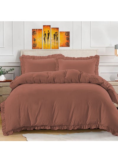 Buy BedDecor Ruffled Trim Duvet Set Super-Soft Breathable Zipper and Corner Ties with 2 Matching Pillow Sham 600TC BrickRed in Saudi Arabia