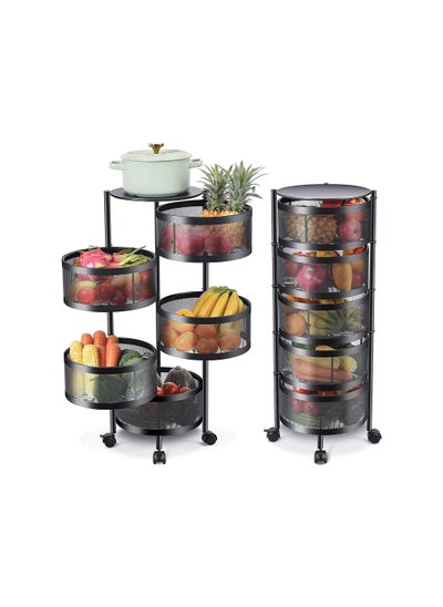 Buy Multi-Layer Kitchen Storage Shelf Rotatable Steel Rack 4 Movable Wheels Fruit Vegetable Snack Organizer Stand Black in UAE