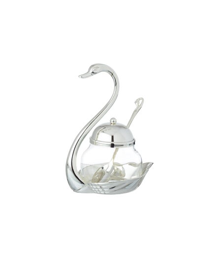 Buy Glass Sugar Bowl With Silver Metal Swan Decorative Holder + Metal Spoon in Saudi Arabia