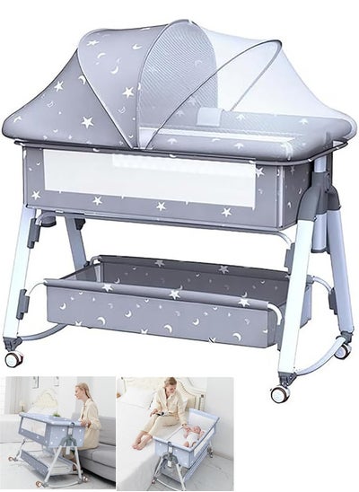 Buy Baby Bassinets Bedside Sleeper Adjustable Height Baby Portable Bedside Crib with Protective Net Wheels and Storage Basket Baby Bassinet Portable Folding Rocking Bassinet for Newborn Infant Bed Cradle in UAE