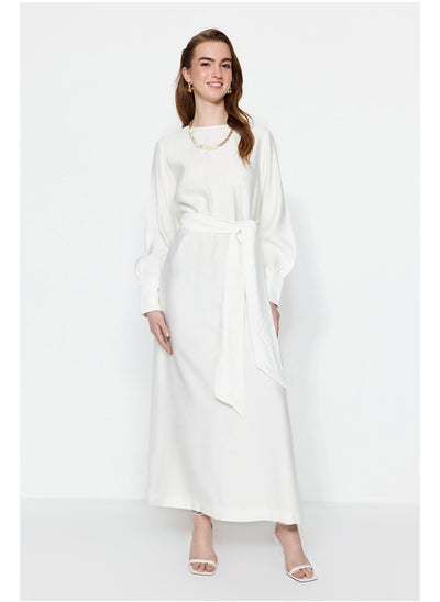 اشتري White Wide Belted Zipper Cuff Woven Linen Look Dress TCTSS23EB00219 في مصر