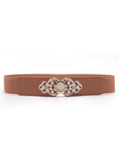 اشتري Flower Elastic Decorative Belt Elastic Pearl Inlay 65cm Brown في الامارات