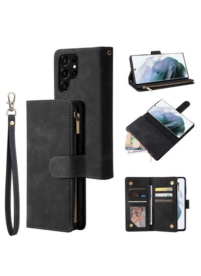 اشتري Compatible with Samsung Galaxy S22 Ultra 5G Wallet Case Premium PU Leather Zipper Folio RFID Blocking with Card Slot Wrist Strap Magnetic Closure Built in Kickstand Protective Case Black في السعودية