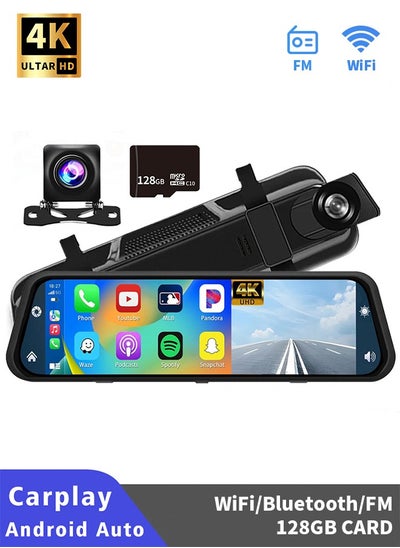 Buy Dashcam 4K Carplay Wireless Android Car Bluetooth 9.66 Inch IPS Touchscreen Front Camera Rear View Camera Waterproof Night Vision WDR Car Camera Rear View Mirror Parking Monitor Free 128G TF Card in Saudi Arabia