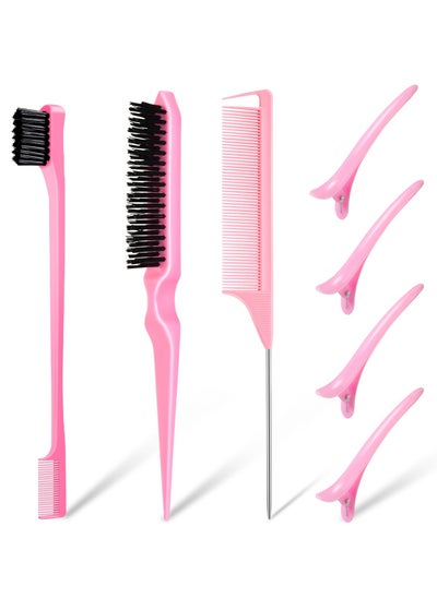 Buy 7PCS Hair Brush Comb Set, Slick Back Hair Brush Edges Brush Set, Bristle Hair Brush Teasing Brush, Rat Tail Hair Comb with Hair Clips, Back Combing Brushes for Hairdresser Women Baby Children (Pink) in Saudi Arabia