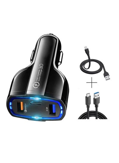 Buy Fast Car Charger 3-Port Adapter, Fast Charging Car Lighter Plug for iPhone, Type-C, Samsung, Huawei - Includes 2 Charging Cables, Black in UAE