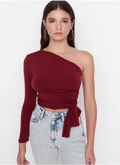 Buy Claret Red Slim Tie Detailed Single Sleeve Crop Stretchy Knitted Blouse TWOAW23BZ00094 in Egypt