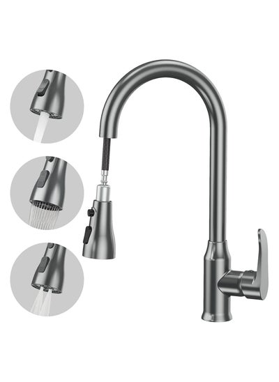 Buy Kitchen Faucet, Single Handle High Arc Gooseneck Modern Stainless Steel Kitchen Faucet With Pull-down Sprayer Brushed Nickel, Three-function Sprayer, Anti-fingerprint, Deck Plate Not Included in Saudi Arabia