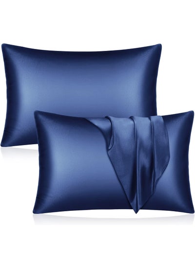 Buy Satin Silk Pillow Case Cover for Hair and Skin, Soft Breathable Smooth Both Sided Silk Pillow Cover Pair (Standard - 50 x 65cm - 2pcs - Navy blue) in UAE