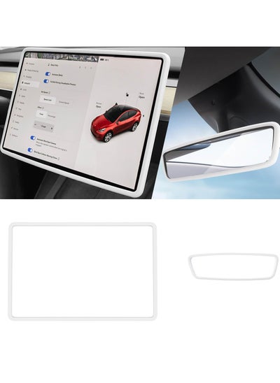 اشتري 2Pcs Silicone Protector Frames for Tesla Model 3 2017-2024 and Model Y Screen and Rear View Mirror Protection Central Control Display Protective Cover White في السعودية