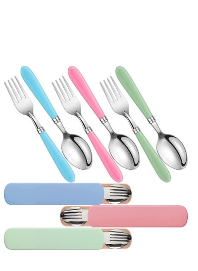 اشتري Kids Utensils Stainless Steel Fork and Spoon Set Child Flatware with Silicone Round Handle Safe Cutlery Travel Cases( 3 Sets ) في الامارات