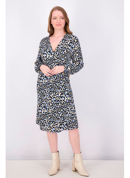 اشتري Women Printed Wrap Dress, Black/Blue Como في الامارات