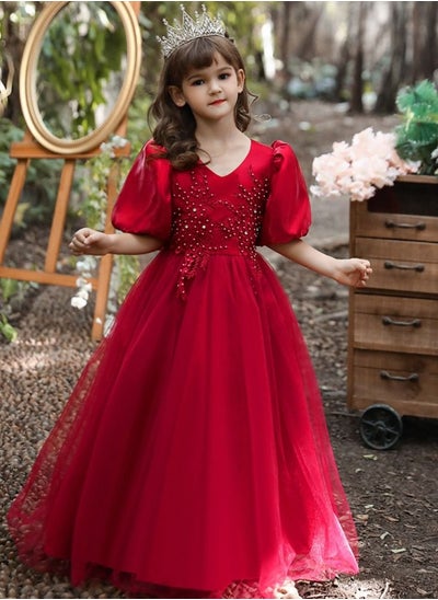 Buy Children's New Fashion Princess Puff Sleeve Festive Dress For Birthday Party Red Color in UAE