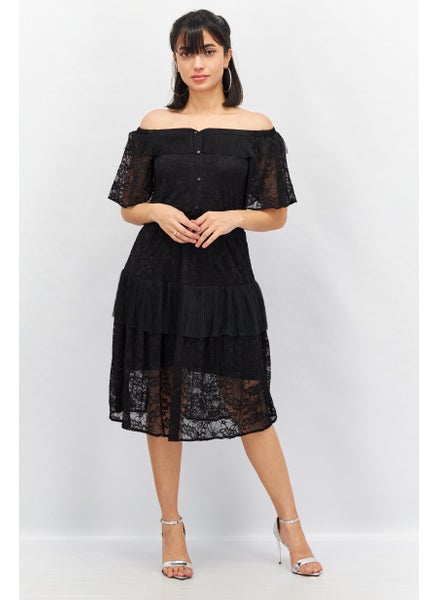 Buy Women Lace Details Short Sleeve Midi Dress, Black in UAE