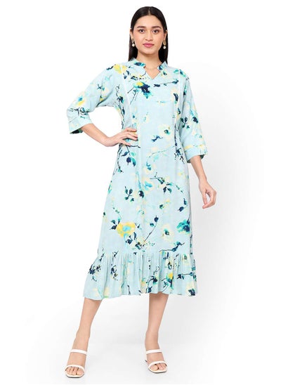 اشتري SHORT FLORAL PRINT SEMI COLLARED SKY BLUE COLOUR ARABIC KAFTAN JALABIYA DRESS في السعودية