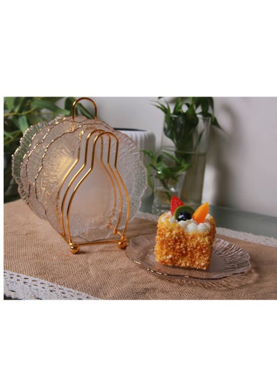 Buy A set of transparent glass dishes, with a striped flower pattern, equipped with a golden stand, an elegant touch to your home decor.(.21 cm) in Saudi Arabia