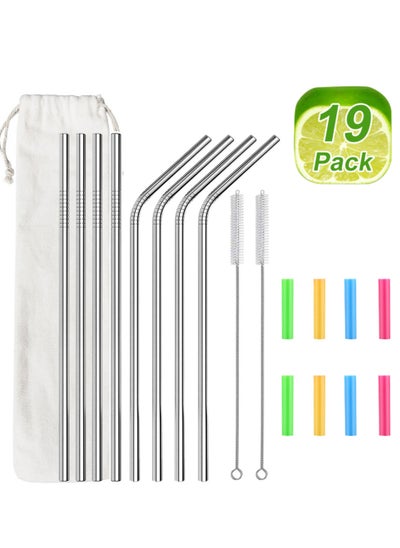 Buy 19-Piece Reusable Straw Stainless Steel Drinking Straws with Soft Silicone Tips and Cleaning Brushes in UAE