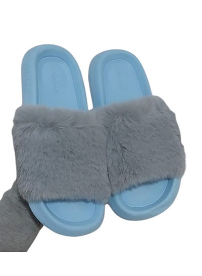 Buy Women's slipper with fur rubber sole, gray color in Egypt