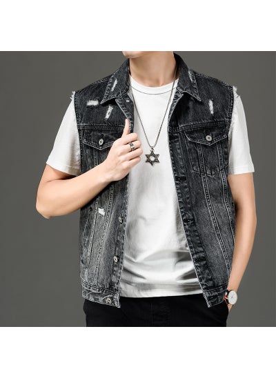 اشتري Casual Denim Vest Mens Fashion Collar Sleeveless Top Black في الامارات