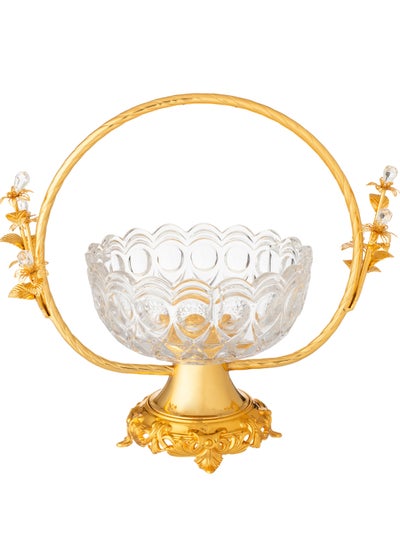 Buy Glass sweet dish with a golden metal stand and base with crystal decor in Saudi Arabia