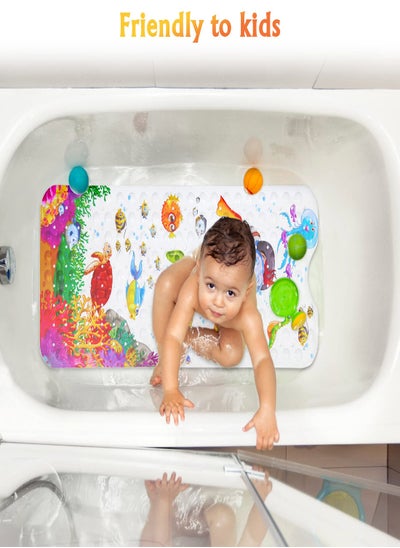 Buy Extra Long Non-Slip Bath Mat for Kids, 100x40cm Cartoon Design with Suction Cups, Anti-Slip Shower Mat with Drain Holes, Machine Washable for Toddlers in UAE