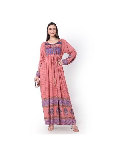 Buy PINK COLOUR VISCOSE DRESS WITH MULTICOLOUR EMBROIDERED ARABIC JALABIYA DRESS in UAE