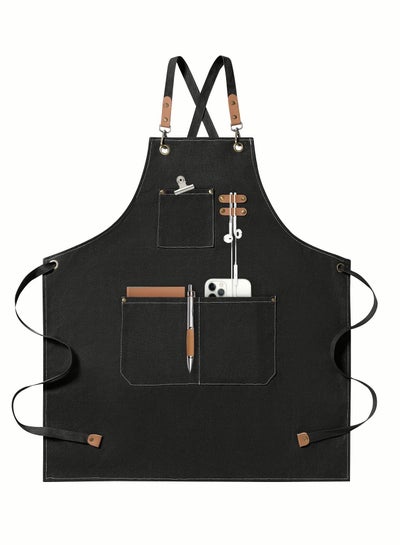 Buy Chef Apron, Canvas Cross Back Apron for Women Men, Waterdrop Resistant Apron with Adjustable Strap and Large Pockets (black) in UAE