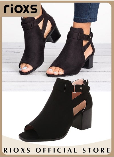 Buy Women's Suede Chunky Heel Buckle Sandals Round Toe Peep Toe Fashion Sandals in Saudi Arabia