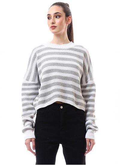 اشتري Bi-Tone Striped Grey & White Drop Shoulder Pullover في مصر