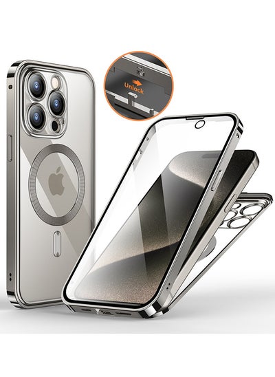 Buy Double-Sided Magnetic For iPhone 15 Pro Max Case, Full-Coverage Protective Case For iPhone 15 Pro Max With Metal Glass Screen Protector Buckle And Camera Lens Protector - Natural Titanium in UAE