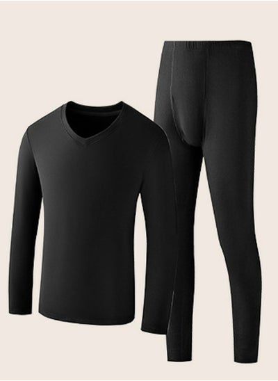 اشتري Mens Solid Color Skin Friendly Thick Long Johns Fleese And V-Neck Thermal Underwear Set, 2 Piece Cold Weather Base Layer Set for Men Black في السعودية