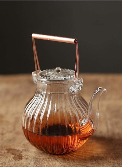 Buy Borosilicate Ridged Glass Teapot With Copper Handle 600 ML in UAE