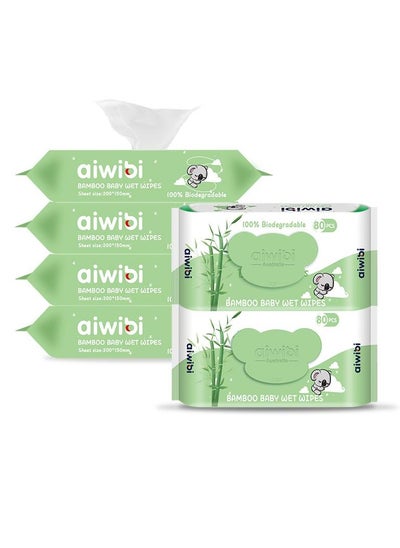 Buy aiwibi Aiwibi 100% Bamboo Baby Wet Wipes 6 packs Green Pack(80pcs in 1 pack) in UAE