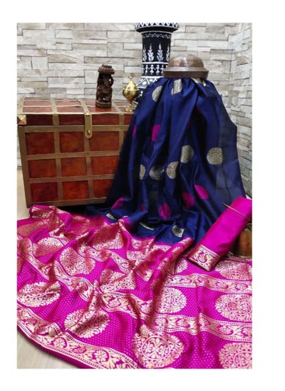 اشتري Blue Soft Silk Saree With Golden Circle Weaving Design And Contrast Pallu Plus Pink Unstitched Blouse في الامارات