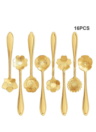 Buy Stainless Steel Gold Leaf Coffee Spoon 16 Pcs Creative Tableware Dessert Spoons, Stirring, Mixing, Sugar, Stir, Ice Cream, Cake, Teaspoon Set (Gold-16Spoon) in UAE