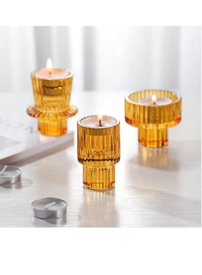 Buy Tea light Candle Holder 2-in-1 Candlestick - Pink Crystal Glass Decorative Candleholder for Taper/Tea light Candles, Home Decor Dinning Table Centerpiece for Wedding Party, Set of 3 in UAE