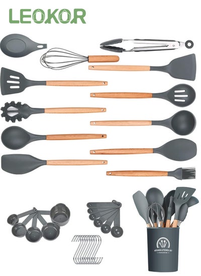 اشتري 24 pcs Kitchen Cooking Utensils Set Wooden Handle Non-Stick Silicone Cooking Kitchen Utensils Spatula Set with Holder في السعودية