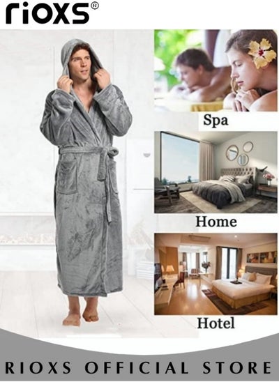 Buy Men's Hooded Fleece Robe Plush Collar Bath Towel Shawl Soft Long Bathrobe Warm Flannel House Robe Fleece Spa Robes Loungewear in Saudi Arabia