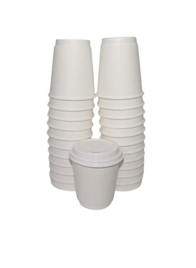 Buy Paper Cup 8 Ounce Double 25 Pieces with Lids, Leakproof - White in Saudi Arabia