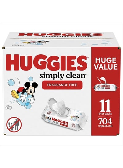 Buy Huggies Simply Clean Fragrance-Free Baby Wipes, Unscented Diaper Wipes, 64 Count(Pack of 11) (704 Wipes Total) in UAE