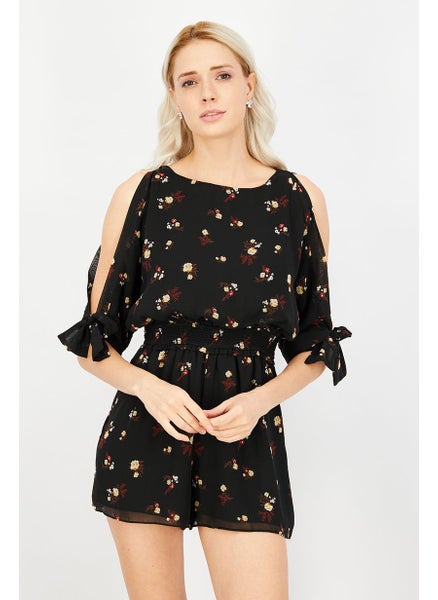 اشتري Women Floral Print Cold Shoulder Playsuit, Black Combo في الامارات