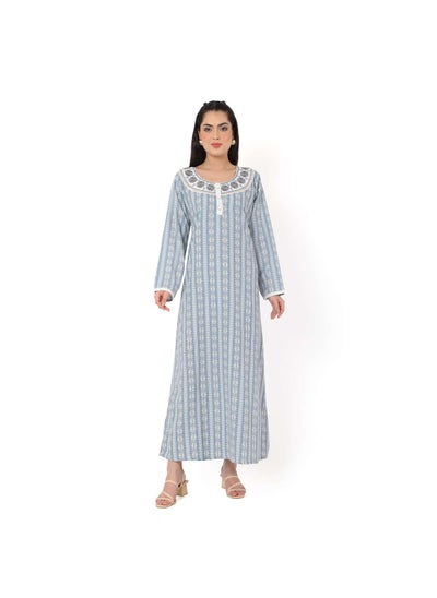 Buy LONG UNIQUE STYLE PRINTED NECK EMBROIDERED CASUAL ARABIC KAFTAN JALABIYA DRESSES in Saudi Arabia