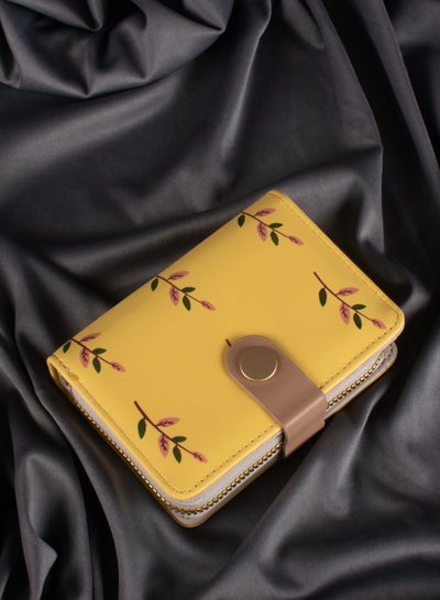 Buy Leather Flip Wallet & Card Holder with 10 Pockets and Zipped Pocket Flowery Yellow in Egypt