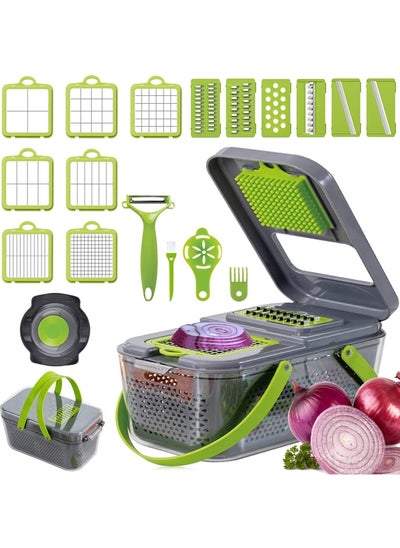 Buy Vegetable Slicer Onion Chopper, 22 in 1 Vegetable and Fruit Slicer with 14 Stainless Steel Blades, Adjustable Vegetable Cutter with Drain Rack Storage Container, Food Chopper Kitchen Gadget in Saudi Arabia