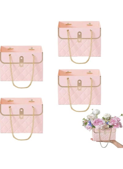 Buy Portable Gift Bag, Bouquet Wrapping Paper Bag with Metal Chain Handle, Rectangular Creative Bouquet Packaging Box, Florist Bouquet Packaging Bag Floral Gift Bag for Wedding Valentine's Day (Pink 4pcs) in Saudi Arabia